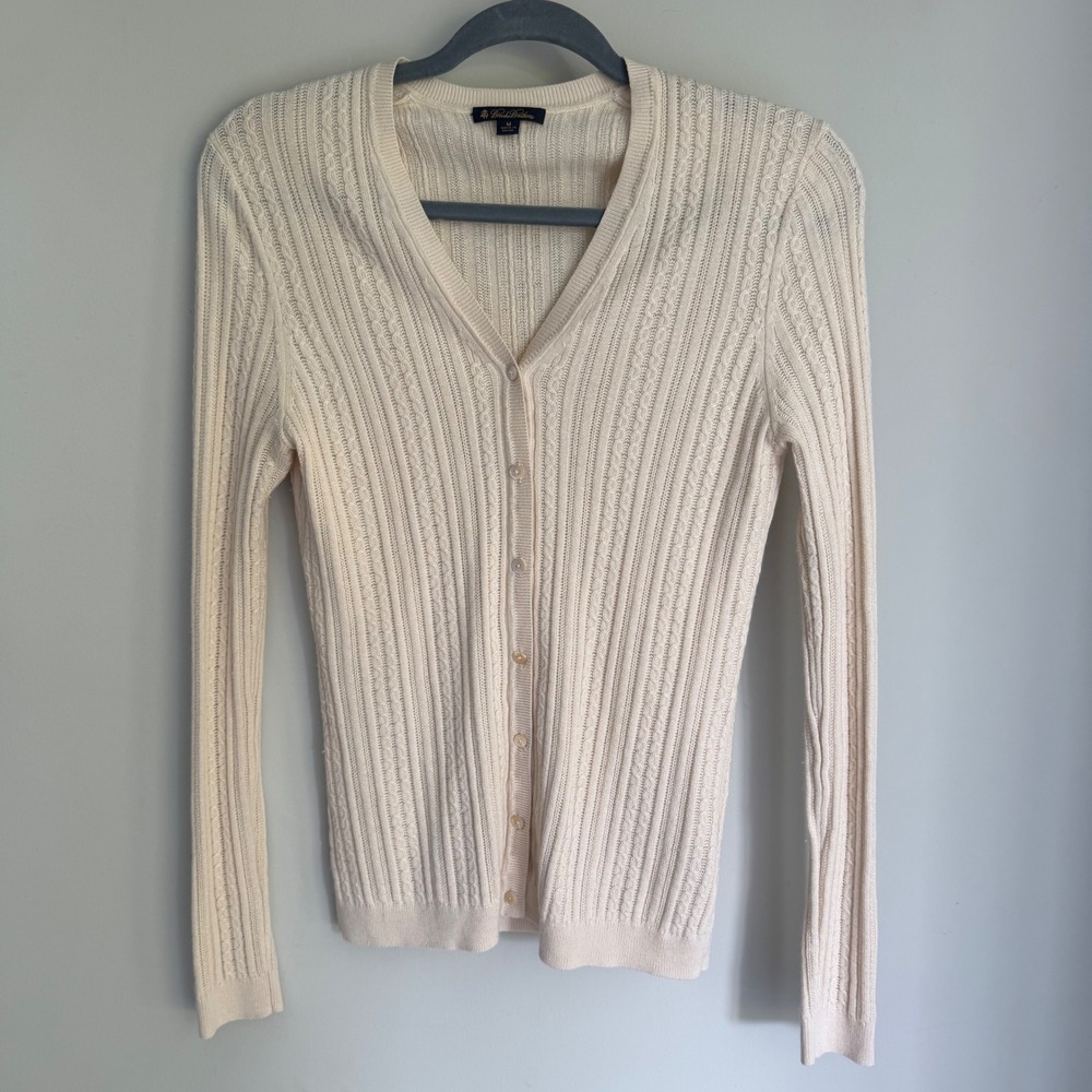 Brooks Brothers Cable Knit Cardigan Sweater Silk Cashmere Blend Cream Medium